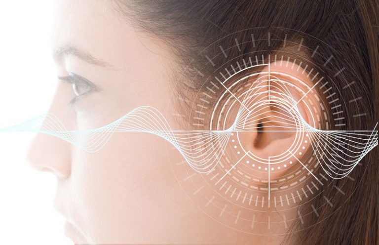 Sound waves over woman's ear